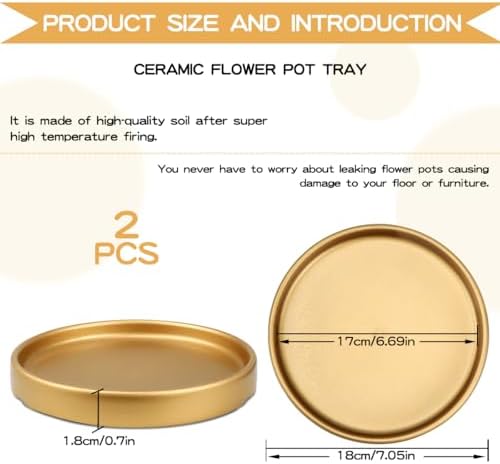 7 Inches Round Ceramic Plant Saucer Drip Tray Set of 2 for Indoor Small Flower Pots Home Garden Outdoor Flower Plant Pot,Gold Saucers - Image 2