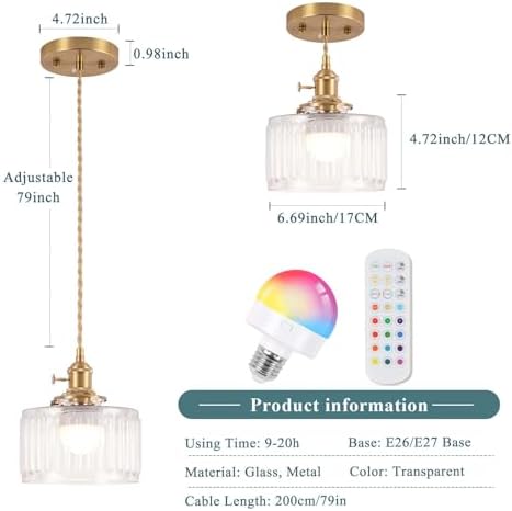 Battery Operated Pendant Light,Vintage Light Fixtures 2500mAh 6.6in RGB Light Bulb with Remote Control Wireless Adjustable Rechargeable Chandelier for Kitchen Island Hallway 1Light - Image 2