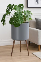 D'vine Dev 16 Inch Planter Pot with Wood Stand, Grey, 88-O-E-3 - Image 5