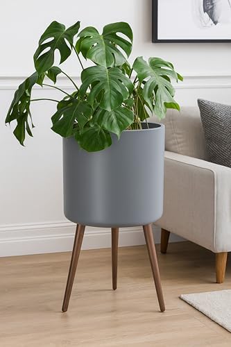 D'vine Dev 16 Inch Planter Pot with Wood Stand, Grey, 88-O-E-3 - Image 5