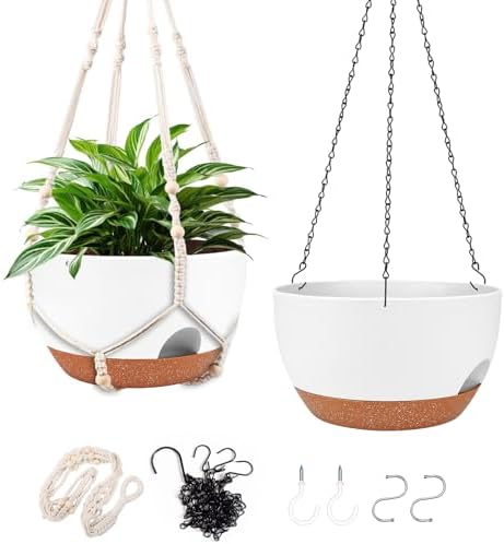 10 Inch Self Watering Hanging Planters with Metal Chain & Macrame Hangers by Lucieblessdesign