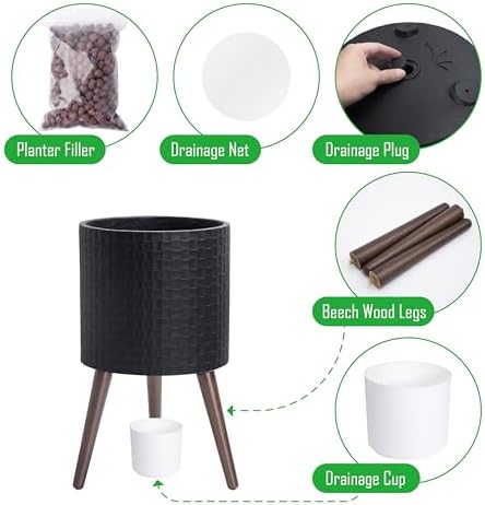 D'vine Dev Planter Pot with Wood Stand, 12 in, Matte Black, 88-Z-C-2 - Image 4