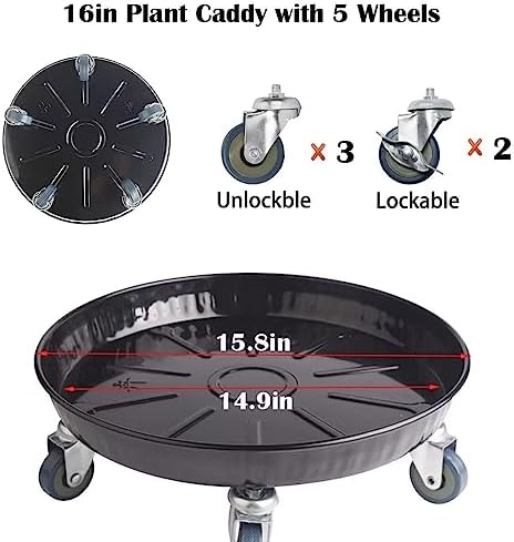 ARTLINE Round Plant Stand with Lockable Wheels, Heavy Duty for Indoor Outdoor, Large Rolling Dolly Planter Caddy on Casters to Carry Potted Flower Pot, Round Metal Tray NO Holes, Black - Image 2