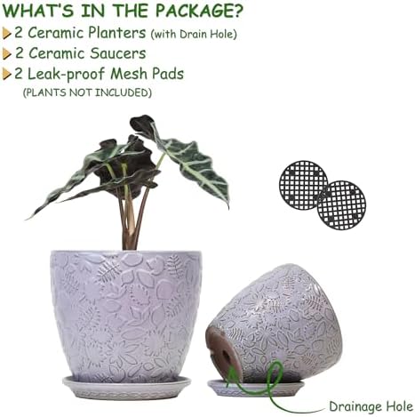 8 Inch + 6 Inch Retro Ceramic Planter Set of 2 with Drainage Hole and Saucer for Multiple Plants, Indoor-Outdoor Garden Pots for Succulent, Orchid, and Flower (Retro Purple) - Image 2