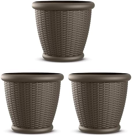 Suncast 3 Pack Wicker Planter w/Drillable Drain Holes, Decorative Indoor/Outdoor Pot, 18in, Java by Suncast