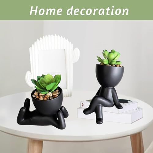 Zerzsy 3 PCS Cute Artificial Succulent Plants with Creative Ceramics Human Shaped Pots, Mini Potted Plants Black Bathroom Fakeplants, Faux Succulent Desk Decor for Home Office Shelf Decor - Image 3