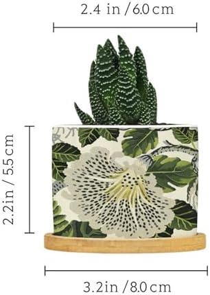 Green and White Floral Planter Ceramic Chinoiserie Flower Round Flower Pots with Drainage Holes and Bamboo Tray Pot for Outdoor Garden Home Plant - Image 2