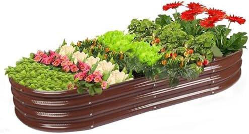 Rakukiri Raised Garden Bed GRS Certified Galvanized Planter Box Outdoor, 5ft Oval Rot-Resistant Metal Garden Bed Planter, Recycled Material Planter for Vegetables Flowers Herbs (Brown) by RaisedGardenBed