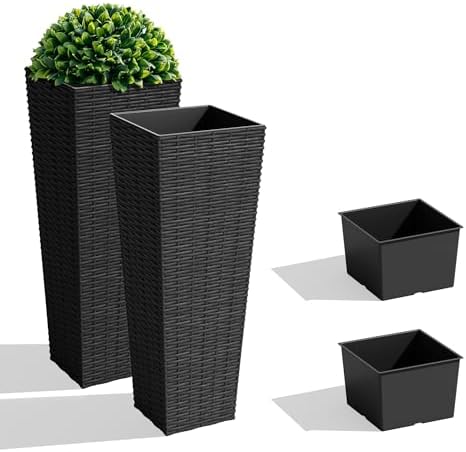 JUMMICO 23.5" Front Porch Resin Rattan Tall Planters 2 Pack, Inner Tray by JUMMICO