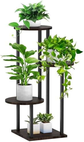 4 Tier Plant Stand Indoor, Metal Wooden Tall Plant Shelf Flower Pot Stand for Multiple Plants, Corner Flower Holder Plant Display Rack for Living Room Balcony Patio Garden (Black) by SMFANLIN