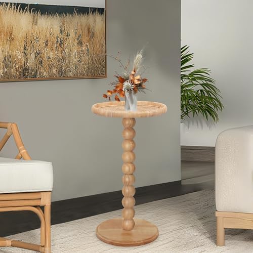 Drink Table, Boho Rattan Small Round Side Table for Small Spaces, Solid Wood Circle End Table for Living Room, Pedestal Table for Couch, Bedroom, Corners, Natural - Image 4