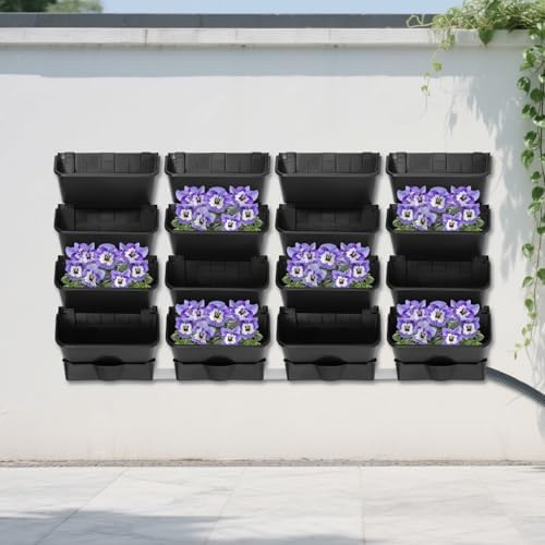 Wall-Mounted Vertical Garden Planter Set – 24 Self-Watering Planters with Drainage Pipe, Stackable Wall Planters for Indoor & Outdoor Use (Black, 16PCS) - Image 4