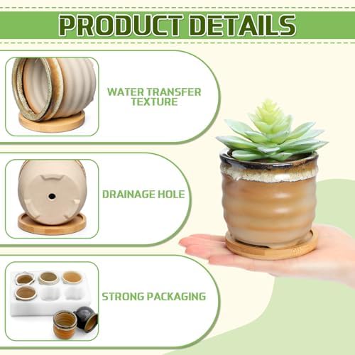 Remerry 12 Pcs Ceramic Succulent Pots with Drainage 3.5 Inch Bamboo Tray - Image 4
