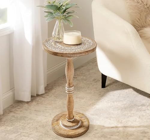 Hand-Carved Solid Wood End Table - 12x22 White Wash Finish Accent Side Table for Living Room, Bedroom Nightstand, Small Pillar Table for Plants or Décor - Image 2