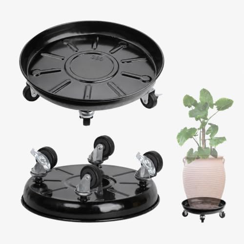 2 Pack Metal Plant Caddy With Wheels 12 Inch Black, Round Rolling Heavy Duty Plant Dolly, Heavy Plant Pot Mover Outdoors or Indoors, The Metal Wheel Can Rotate 360 Degrees or Lockable. by AyaLight