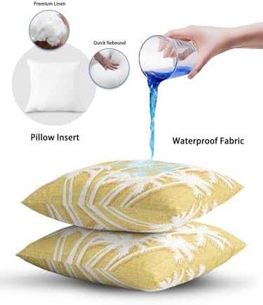 Tropical Palm Tree 18x18 Waterproof Outdoor Throw Pillows Set of 2 with Inserts, Vintage Dark Yellow Botanical Plants Patio Decorative Cushions for Outdoor Sofa Porch Garden Furniture - Image 7
