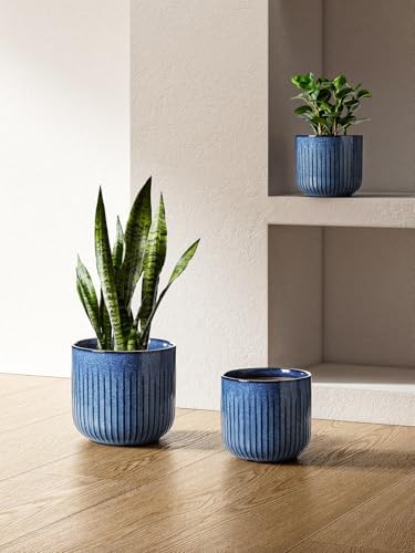 LE TAUCI Ceramic Plant Pots, 8.3/7/6 Inch Indoor Planters with Drainage Holes & Mesh, Modern Glossy Glaze Cylinder Fluted Flower Pot for Snake Plant, Set of 3, Harbor Blue - Image 2