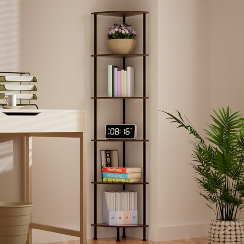 6-Tier Corner Shelf Stand, 65" Industrial Corner Display Rack for Living Room, Bookshelf, Tall Display Shelf, Plant Stand, Storage Standing Shelf for Bedroom, Bathroom, Kitchen, Brown - Image 2