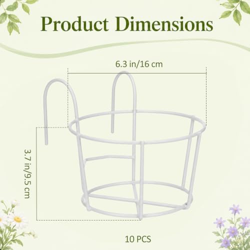 10 Pcs Round Hanging Railing Planters, 6.3" Reinforced Metal Hanging Baskets, Fence Plant Hangers, Heavy-Duty Flower Pot Holders for Balcony, Patio, Porch Railing, White - Image 5