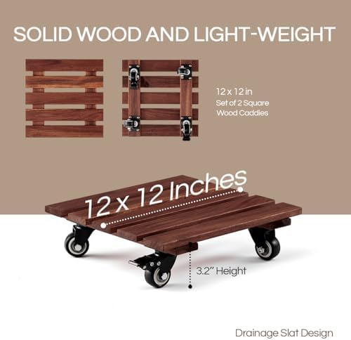 THYOI 2 Pack 12" Acacia Wood Plant Caddy with Lockable 360° Caster Wheels, 300 LB Heavy Duty Rolling Stand for Indoor Outdoor Planter Pots, Wooden Dolly for Patio (Brown, Square) - Image 2