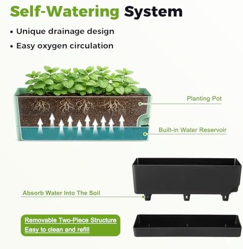 Self Watering Pots for Indoor Plants 17 Inches Window Boxes Planters Rectangular Flower Pots Rectangle Herb Pots Large Plant Pots with Drainage Holes and Saucers Windowsill Planter (2, Black) - Image 5