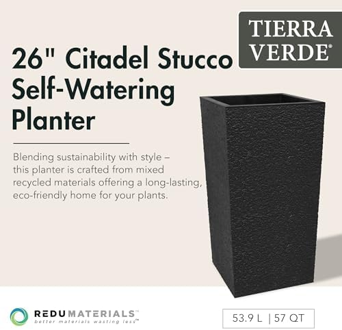 Tierra Verde Citadel Stucco Self-Watering Square Planter, Black, 13.5"x26" - Image 2