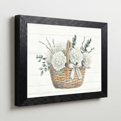 Framed Canvas Wall Art Watercolor Floral Wicker Basket White Hydrangeas Canvas Print Poster Black Frame Wall Decor for Living Room Bedroom Pussy Willow, Grace Decor - Inch 16x20 - Image 5