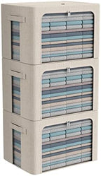 CYhom 3Pack Foldable Storage Bins - Frame Storage Box Linen Fabric Stackable Clothes Container Organizer with Clear Window & Carry Handles Large Capacity (Large-66L, Beige) by CYhom