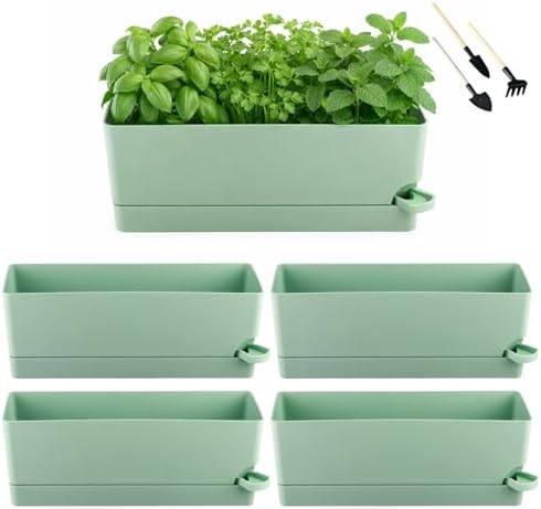 Party Zealot Window Boxes Planters, 5 Pack Self Watering Pots for Indoor Plants 17 Inch Rectangular Planter Rectangle Flower Pots Long Plant Pot Large Window Sill Herb Planter Box, Green by PartyZealot