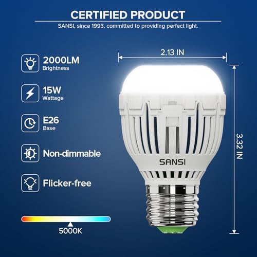 SANSI 130W Equivalent 2000 Lumens 5000K Daylight A15 LED Light Bulbs 4-Pack - Image 2