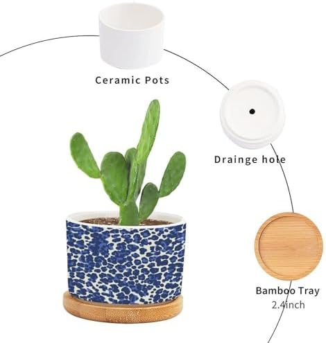 Leopard Purple and White Dot Planters Ceramic African Tribal Animal Print Round Plant Pot with Drainage Holes and Bamboo Tray Pot for Home Office Decoration - Image 3