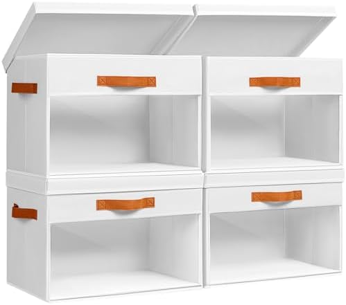 Homsorout Large Storage Bins with Lids - 4 Pack Foldable Decorative Organizers with Clear Windows & Handles, Cube Storage Organizers for Clothes, Blankets, Sweaters, CD, White by Homsorout