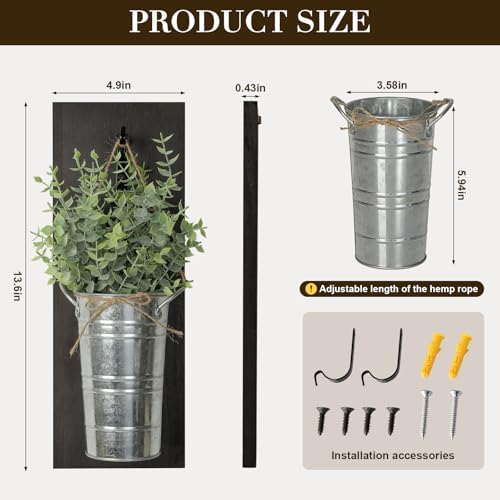 SHOHAYTO Farmhouse Wall Decor Set of 2 - Wood Hanging Planters with Artificial Eucalyptus, Rustic Vertical Pocket Vases for Bathroom Kitchen, Indoor Greenery Decor - Image 2
