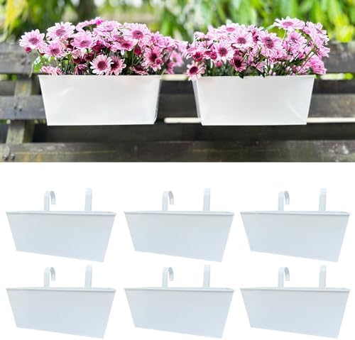 LaLaGreen Hanging Planter Box (14 in, 6 Pack) White Metal Deck Rail Pots by L%C3%A1L%C3%A1Green