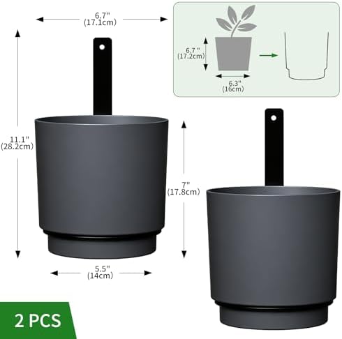 2 Pcs Wall Mounted Hanging Planter Vase for Indoor Outdoor Plants,Modern Metal Wall and Ceiling Hanging Flower Pot with Removable Flower Pot,Minimalist Decor for Herbs Succulents Flowers,6.7Inch,Grey - Image 2