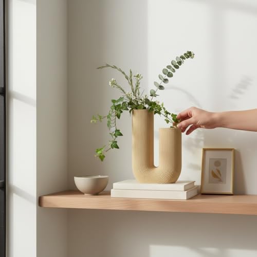 U-Shaped Modern Vase, Minimalist Ribbed Planter for Real & Dried Plants, Sustainable Home Décor (Champagne) - Image 7