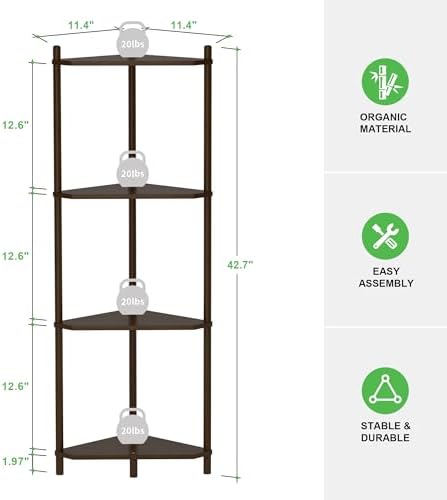 Wisuce Brown Small Corner Shelf Stand, 4-Tier Bamboo Corner Bookshelf - Image 3