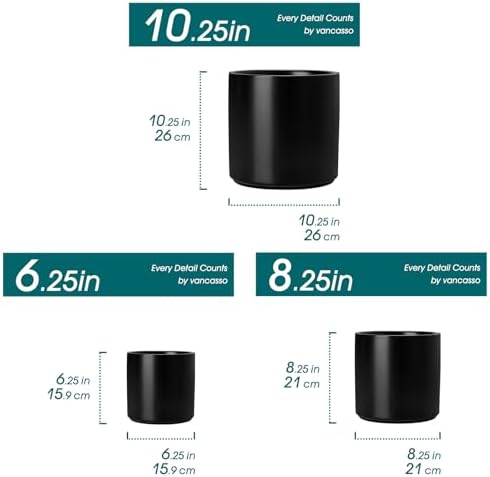 vancasso 6"+8"+10" Ceramic Pot for Plants, Large Outdoor Indoor Planter Pots with Drainage Holes, Set of 3, Black - Image 2