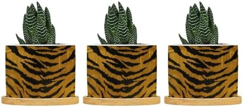 Tiger Fur Skin Planter Ceramic Animal Strip Print Round Flower Pot with Drainage Holes and Bamboo Tray Pot for Outdoor Garden Home Plant by BRUYU5SE