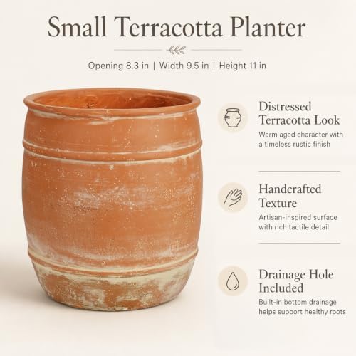 11"H x 9.5" Dia Aged Terracotta Clay Planter Pot with Drainage Hole, Rustic Farmhouse Style Flower Pot with Distressed Finish, Vintage Decorative Planter for Indoor Outdoor Garden, Patio, Porch - Image 6