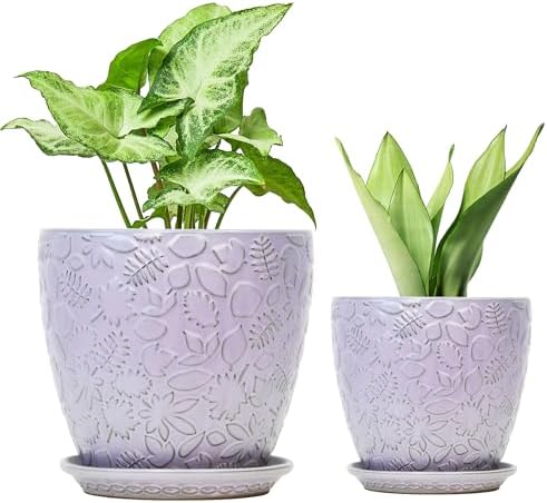 8 Inch + 6 Inch Retro Ceramic Planter Set of 2 with Drainage Hole and Saucer for Multiple Plants, Indoor-Outdoor Garden Pots for Succulent, Orchid, and Flower (Retro Purple) by Bestseler