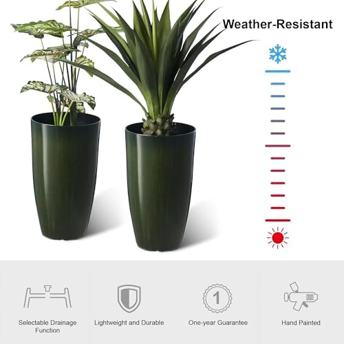 Glitzhome 23.5" H Large Tall Planter for Outdoor Plants,Set of 2 Plastic Tall Planters with Drainage Holes,Round Tapered Faux Ceramic Gradient Green Flower Tree Pots for Porch Patio Indoor Outdoor - Image 3