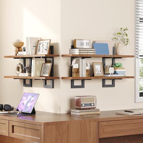 HOOBRO Floating Shelves, 15 Inch Wall Shelf Set of 4, Wall Mounted Storage Shelves 2-Tier, Hanging Bathroom Shelves, for Living Room, Bedroom, Bathroom, Kitchen, Rustic Brown and Black BF32BJP401 - Image 5