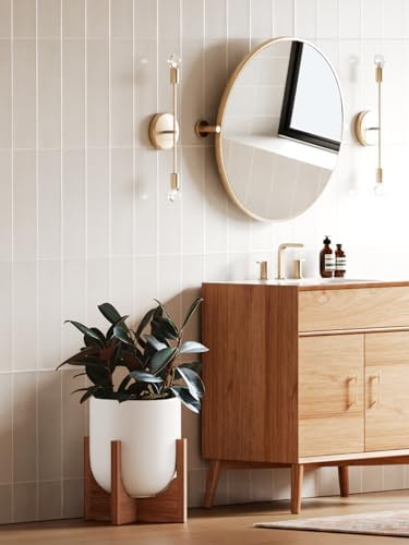 LE TAUCI 10 Inch Plant Pot with Acacia Wood Stand, Ceramic Planters for Indoor Plants, Unique Plant Pots Indoor for Home Decor, Mid-Century Modern Pots for Plants with Drainage Hole and Plug, White - Image 2