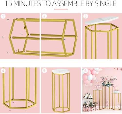 Urban Deco Cylinder Stands for Party, Set of 3 Gold Hexagon Pedestal Stands - Image 5
