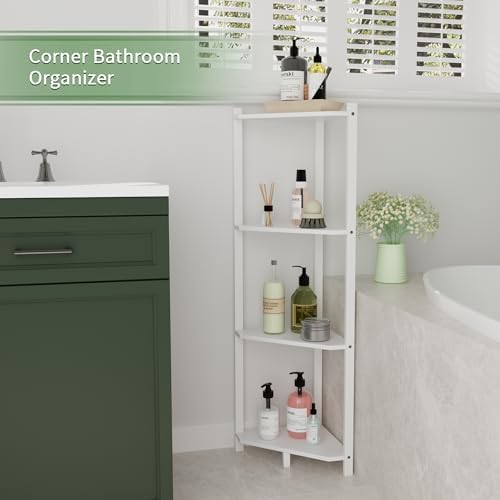 Wisuce Bamboo Small Corner Shelf Stand, 4-Tier White Corner Bookshelf - Image 6