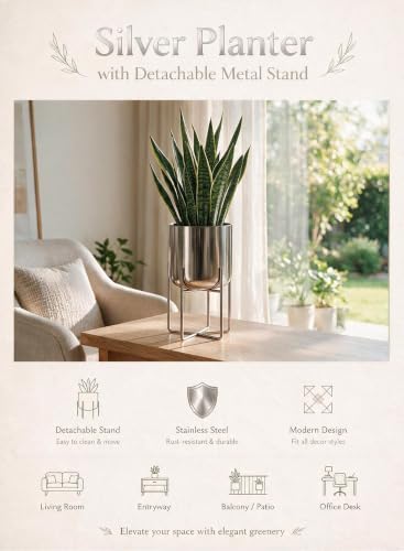 Serene Spaces Living Gold Planter with Detachable Metal Stand, Decorative Indoor Planter Pot, Flower Pots Stand for Living Room, Kitchen, Office, in 3 Sizes (Silver - Short) - Image 6