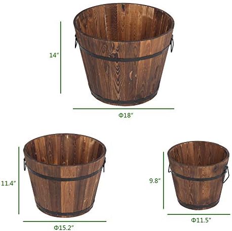 Wooden Whiskey Barrel Planters,Wooden Pot Set,3 PCS Large Wooden Planter Barrel Set, 11.5"(Dia)- 18"(Dia) Real Wood Indoor/Outdoor Flower Pot w/Drainage Holes, Different Sizes, Large Garden Container - Image 4