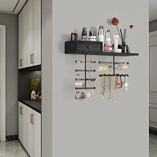 VINAEMO Jewelry Organizer Hanging Wall Mounted Jewelry Holder with Rustic Wood Drawer & Large Capacity Storage Shelf Rack Display for Earrings Rings Necklaces Bracelet(Black) - Image 4