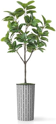 Artificial Tree in Black and White Geometric Planter, Fake Magnolia Tree for Indoor and Outdoor Home Decoration - 70" Overall Tall (Plant Pot Plus Tree) - Image 2